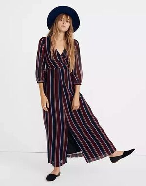 Madewell Maxi Dress Womens 8 Wraparound Black Red Blue Stripe V Neck 3/4 Sleeve